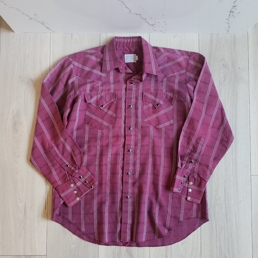 VTG H Bar C Ranchwear Western Shirt L Long Tail Burgendy Plaid Pearl Snap USA
